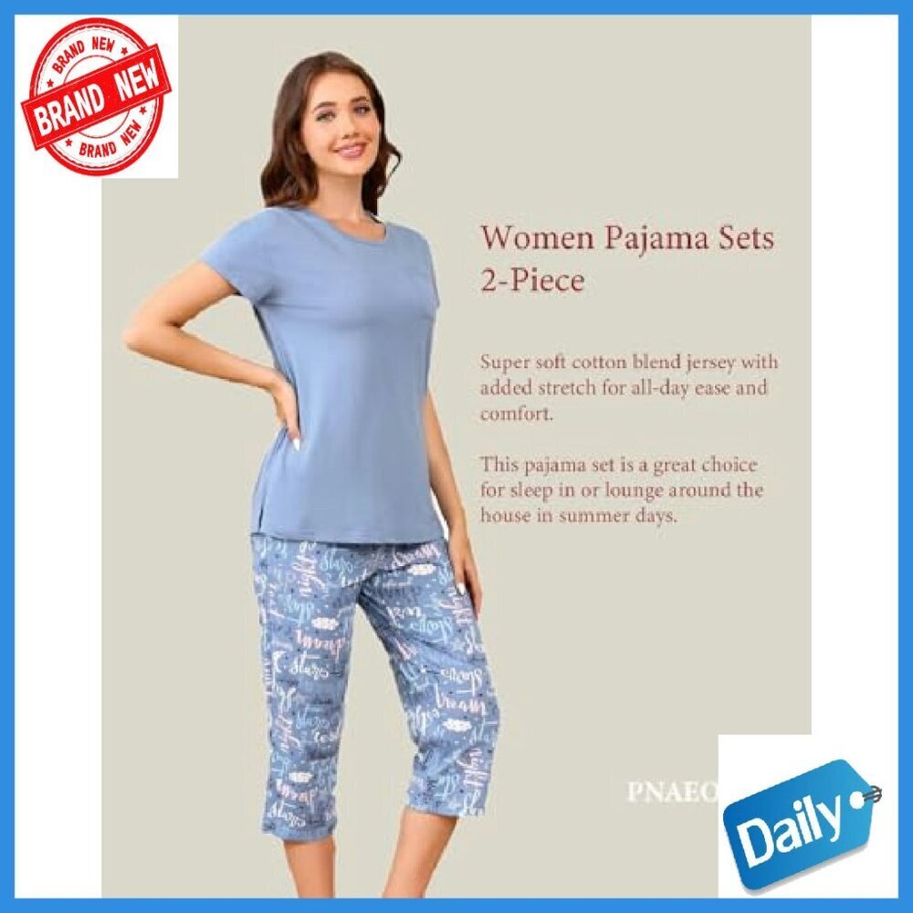 Cotton Pajama Set Short Sleeve Capri Pants Loungewear S-3XL - Picture 7 of 8